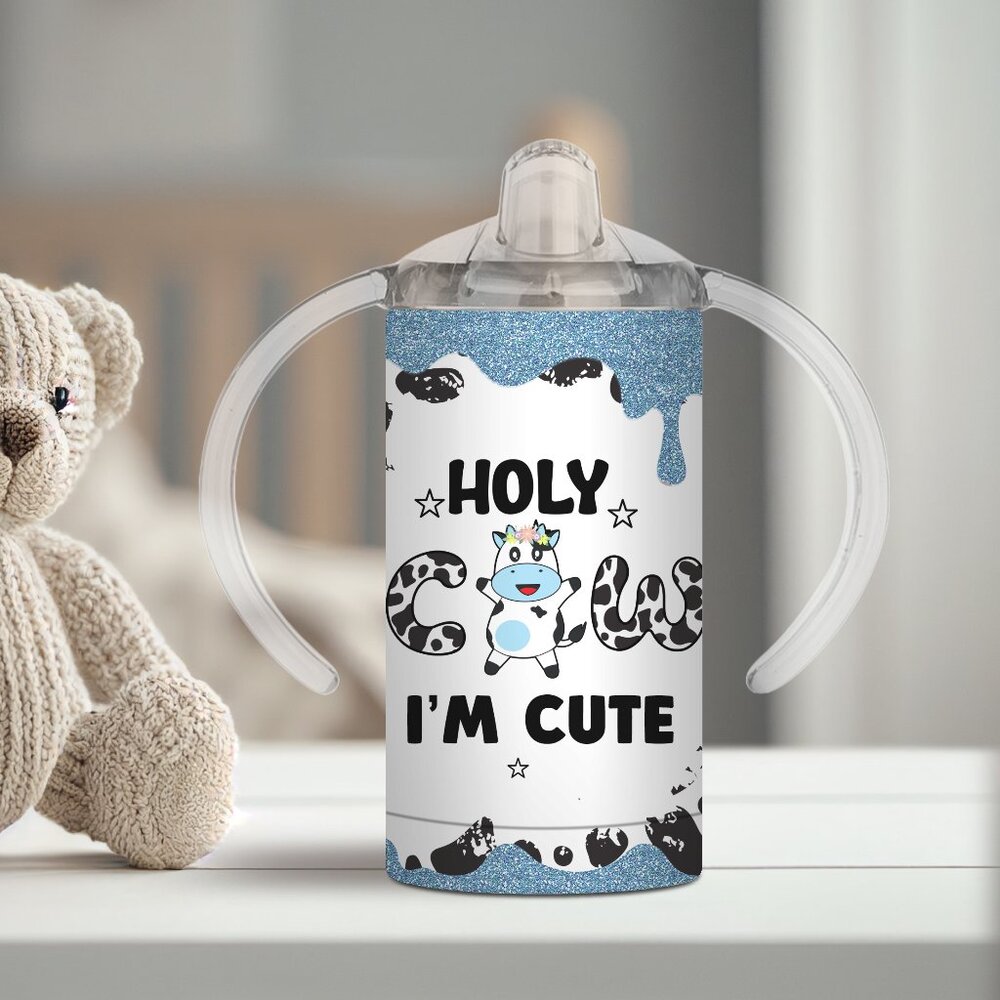 Blue Kids Sippy Cup With 2 Lids, Holy Cow I'm Cute